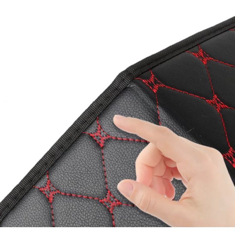 Луксозен кожен органайзер за багажник сгъваема кутия за съхранение с червен шев 66x30x30см Луксозен кожен органайзер за багажник сгъваема кутия за съхранение с червен шев 66x30x30см