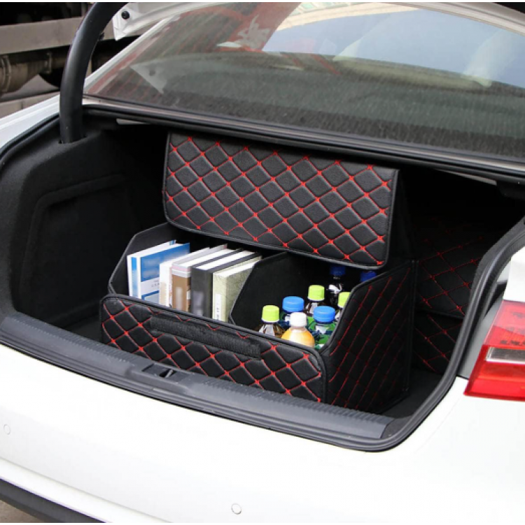 Луксозен кожен органайзер за багажник сгъваема кутия за съхранение с червен шев 66x30x30см Луксозен кожен органайзер за багажник сгъваема кутия за съхранение с червен шев 66x30x30см