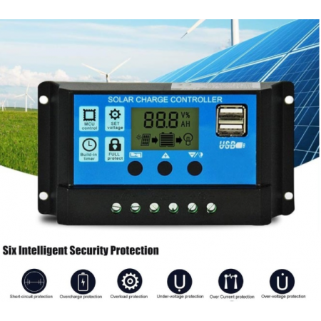 Соларен Заряден Контролер 20A PMW 12V 24V LCD Дисплей, Двойни USB Портове, Защитна Система