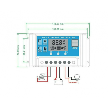 Соларен Заряден Контролер 20A PMW 12V 24V LCD Дисплей, Двойни USB Портове, Защитна Система