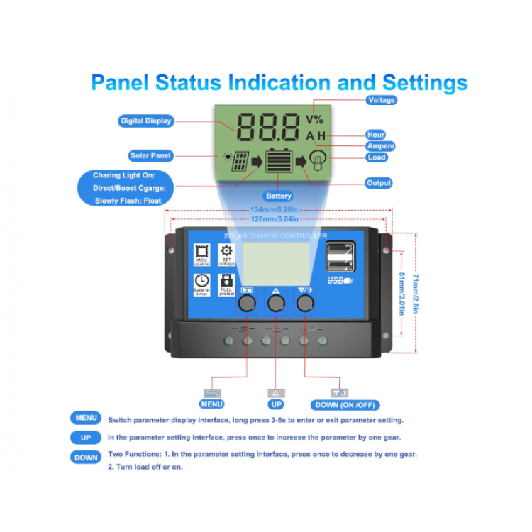 Соларен Заряден Контролер 20A PMW 12V 24V LCD Дисплей, Двойни USB Портове, Защитна Система Соларен Заряден Контролер 20A PMW 12V 24V LCD Дисплей, Двойни USB Портове, Защитна Система