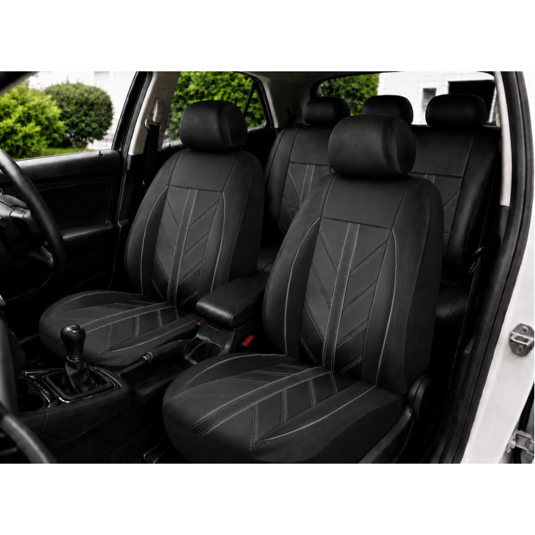Пълен Комплект Луксозна Универсална Тапицерия - 9 части Еко Кожа Черна/Сиви шевове Пълен Комплект Луксозна Универсална Тапицерия - 9 части Еко Кожа Черна/Сиви шевове