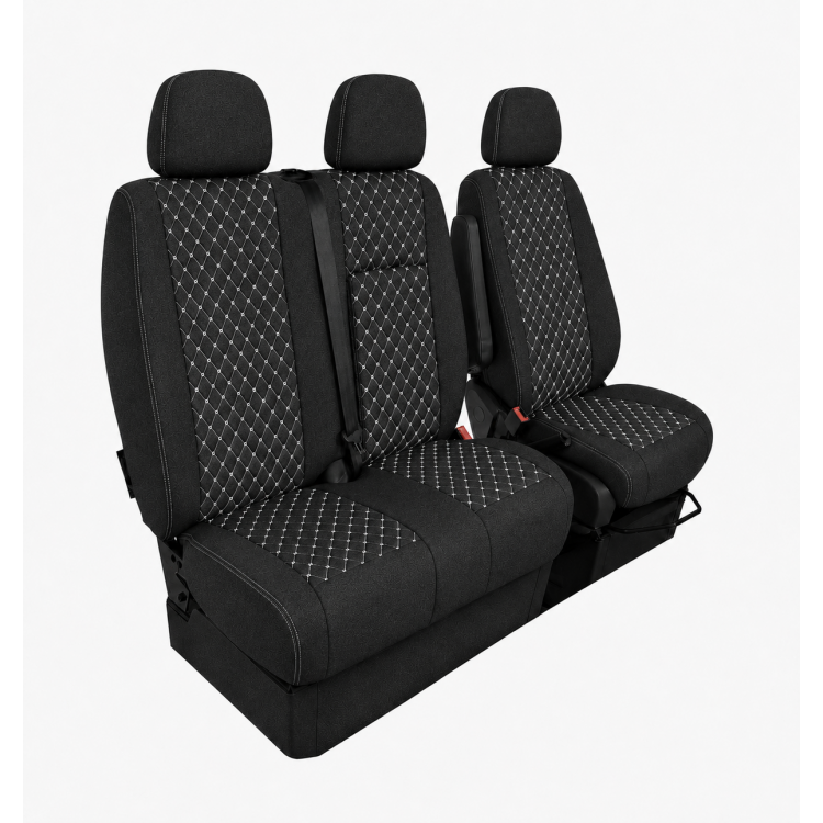 Комплект 2+1 Тапицерия за MERCEDES SPRINTER W906 2006-2018 – Текстил, Черна с бял шев, 8 части Комплект 2+1 Тапицерия за MERCEDES SPRINTER W906 2006-2018 – Текстил, Черна с бял шев, 8 части