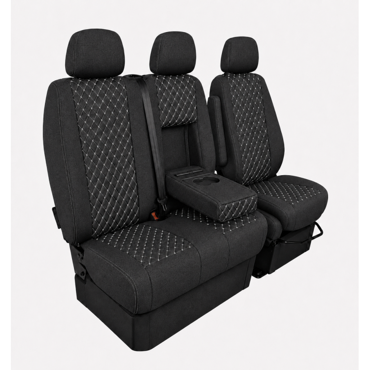 Комплект 2+1 Тапицерия за MERCEDES SPRINTER W906 2006-2018 – Текстил, Черна с бял шев, 8 части Комплект 2+1 Тапицерия за MERCEDES SPRINTER W906 2006-2018 – Текстил, Черна с бял шев, 8 части