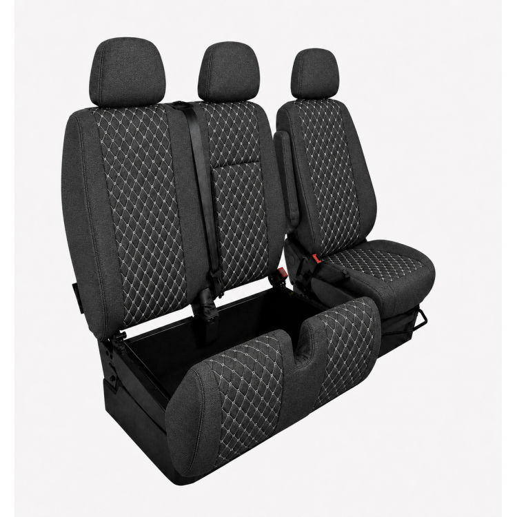 Комплект 2+1 Тапицерия за MERCEDES SPRINTER W906 2006-2018 – Текстил, Черна с бял шев, 8 части Комплект 2+1 Тапицерия за MERCEDES SPRINTER W906 2006-2018 – Текстил, Черна с бял шев, 8 части
