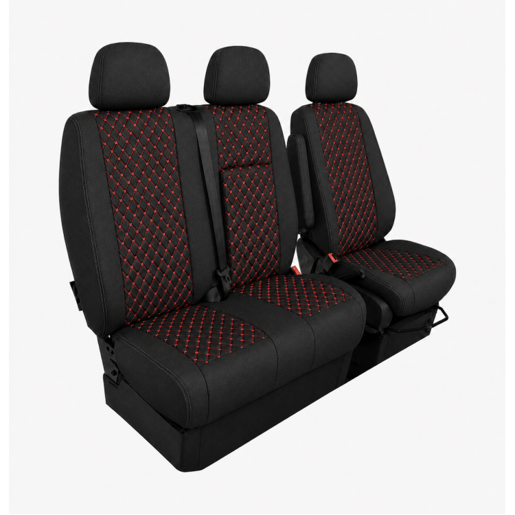 Комплект 2+1 Тапицерия за MERCEDES SPRINTER W906 2006-2018 – Текстил, Черна с червен шев, 8 части Комплект 2+1 Тапицерия за MERCEDES SPRINTER W906 2006-2018 – Текстил, Черна с червен шев, 8 части