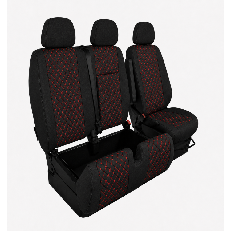 Комплект 2+1 Тапицерия за MERCEDES SPRINTER W906 2006-2018 – Текстил, Черна с червен шев, 8 части Комплект 2+1 Тапицерия за MERCEDES SPRINTER W906 2006-2018 – Текстил, Черна с червен шев, 8 части