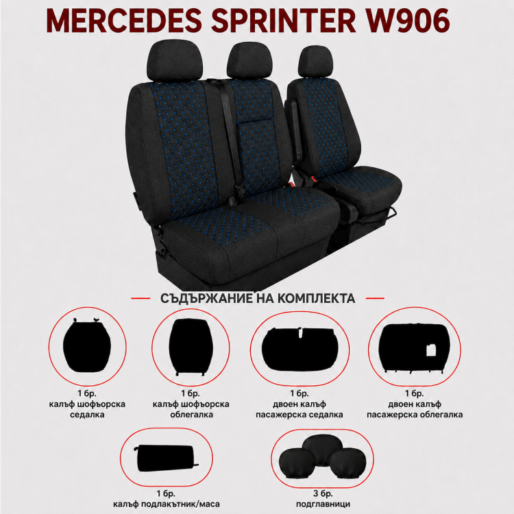 Комплект 2+1 Тапицерия за MERCEDES SPRINTER W906 2006-2018 – Текстил, Черна със син шев, 8 части Комплект 2+1 Тапицерия за MERCEDES SPRINTER W906 2006-2018 – Текстил, Черна със син шев, 8 части