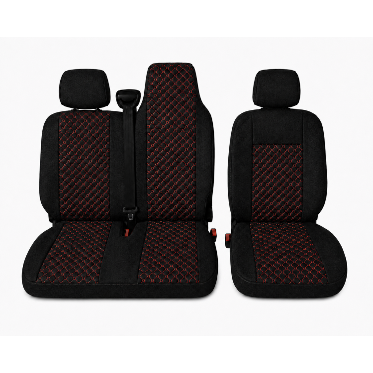 Комплект 2+1 Тапицерия за RENAULT MASTER III 2010-2019 – Текстил, Черна с червен шев, 6 части Комплект 2+1 Тапицерия за RENAULT MASTER III 2010-2019 – Текстил, Черна с червен шев, 6 части