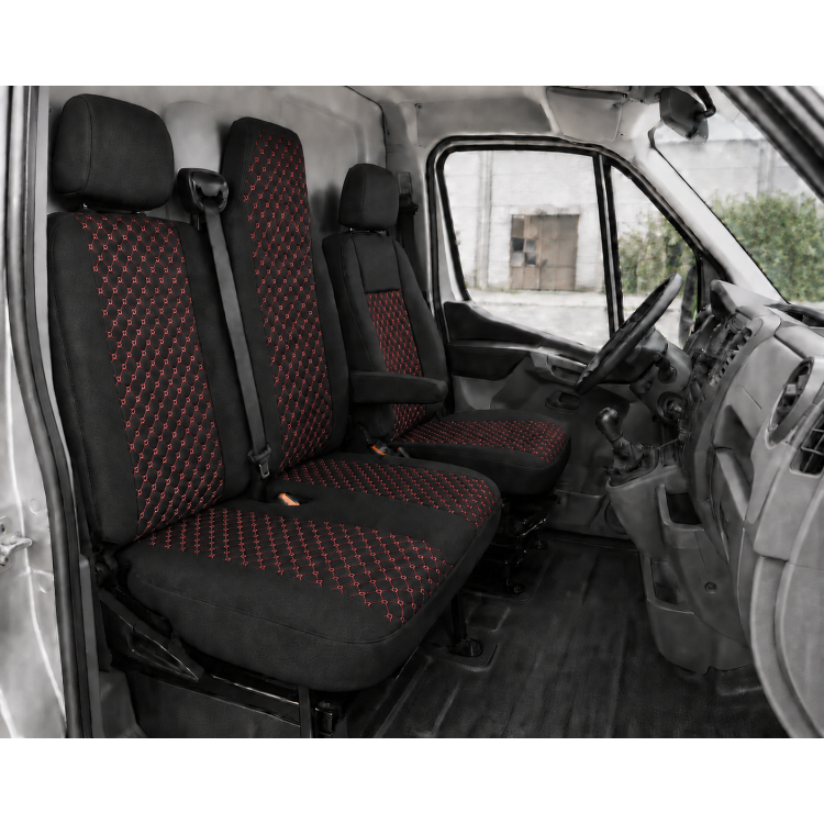 Комплект 2+1 Тапицерия за RENAULT MASTER III 2010-2019 – Текстил, Черна с червен шев, 6 части Комплект 2+1 Тапицерия за RENAULT MASTER III 2010-2019 – Текстил, Черна с червен шев, 6 части