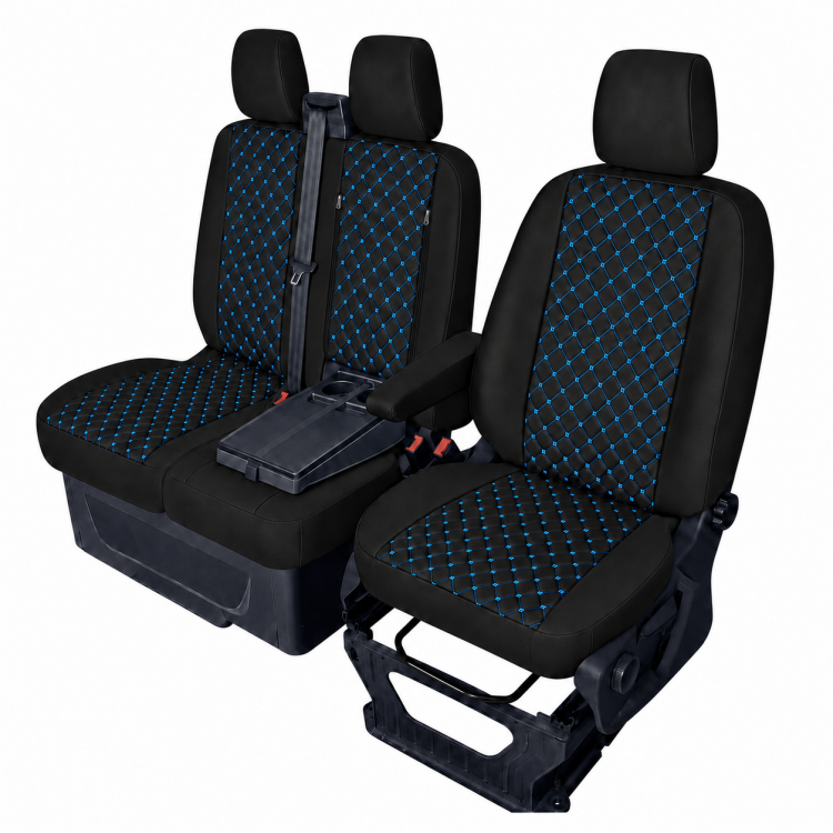 Комплект 2+1 Тапицерия за FORD TRANSIT CUSTOM 2009+ – Еко кожа, Черна със син шев, 8 части Комплект 2+1 Тапицерия за FORD TRANSIT CUSTOM 2009+ – Еко кожа, Черна със син шев, 8 части