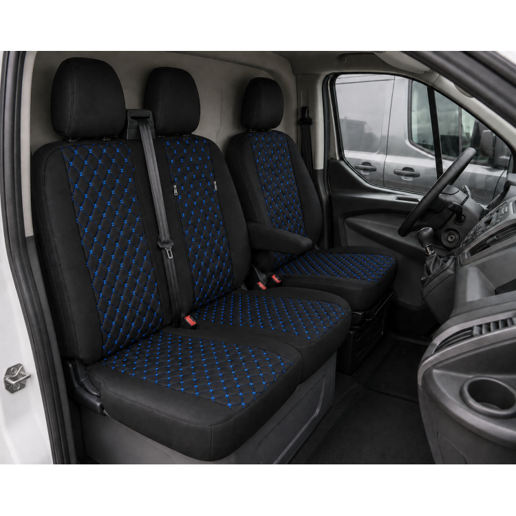 Комплект 2+1 Тапицерия за FORD TRANSIT CUSTOM 2009+ – Еко кожа, Черна със син шев, 8 части Комплект 2+1 Тапицерия за FORD TRANSIT CUSTOM 2009+ – Еко кожа, Черна със син шев, 8 части