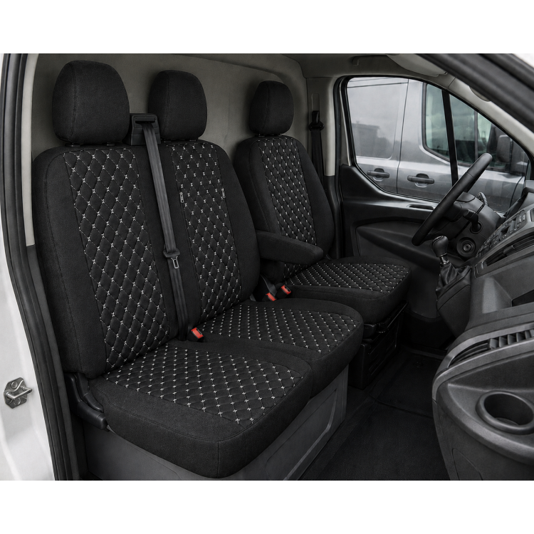 Комплект 2+1 Тапицерия за FORD TRANSIT CUSTOM 2009+ – Текстил, Черна с бял шев, 8 части Комплект 2+1 Тапицерия за FORD TRANSIT CUSTOM 2009+ – Текстил, Черна с бял шев, 8 части