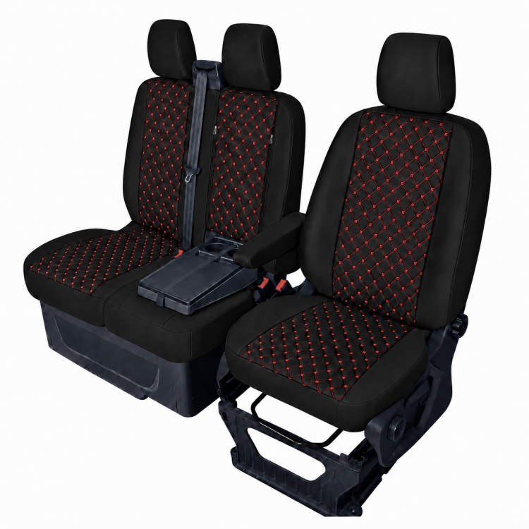 Комплект 2+1 Тапицерия за FORD TRANSIT CUSTOM 2009+ – Еко кожа, Черна с червен шев, 8 части Комплект 2+1 Тапицерия за FORD TRANSIT CUSTOM 2009+ – Еко кожа, Черна с червен шев, 8 части