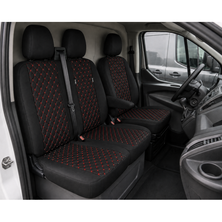Комплект 2+1 Тапицерия за FORD TRANSIT CUSTOM 2009+ – Еко кожа, Черна с червен шев, 8 части Комплект 2+1 Тапицерия за FORD TRANSIT CUSTOM 2009+ – Еко кожа, Черна с червен шев, 8 части