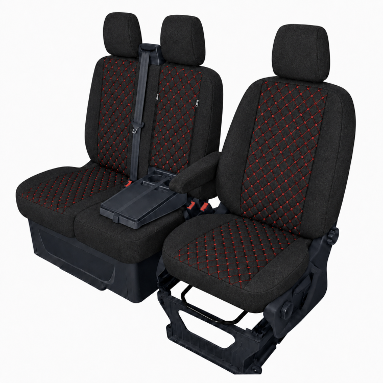 Комплект 2+1 Тапицерия за FORD TRANSIT CUSTOM 2009+ – Текстил, Черна с червен шев, 8 части Комплект 2+1 Тапицерия за FORD TRANSIT CUSTOM 2009+ – Текстил, Черна с червен шев, 8 части