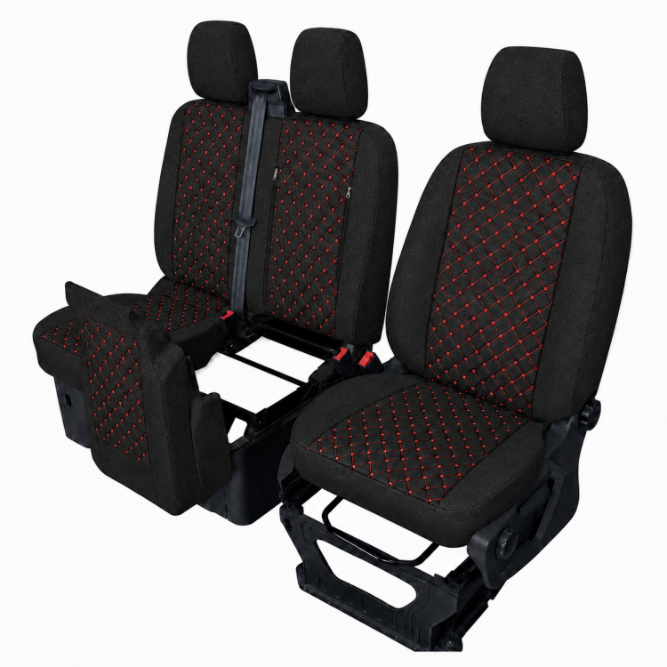 Комплект 2+1 Тапицерия за FORD TRANSIT CUSTOM 2009+ – Текстил, Черна с червен шев, 8 части Комплект 2+1 Тапицерия за FORD TRANSIT CUSTOM 2009+ – Текстил, Черна с червен шев, 8 части
