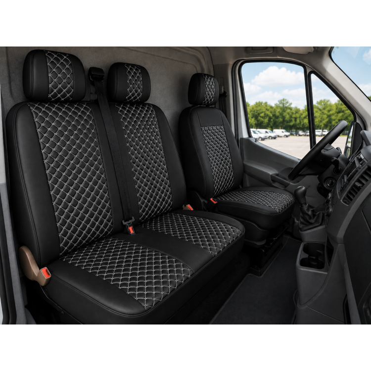 Комплект 2+1 Универсална тапицерия за бус – Еко кожа, Черна с бял шев, 5 части Комплект 2+1 Универсална тапицерия за бус – Еко кожа, Черна с бял шев, 5 части