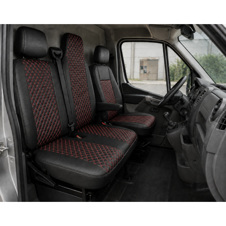 Комплект 2+1 Тапицерия за RENAULT MASTER III 2010-2019 – Еко кожа, Черна с червен шев, 6 части Комплект 2+1 Тапицерия за RENAULT MASTER III 2010-2019 – Еко кожа, Черна с червен шев, 6 части