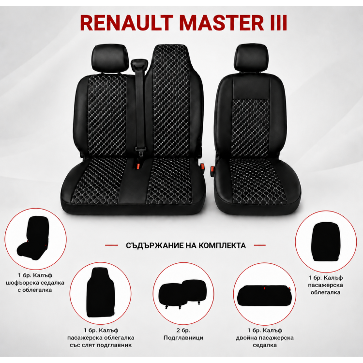 Комплект 2+1 Тапицерия за RENAULT MASTER III 2010-2019 – Еко кожа, Черна с бял шев, 6 части Комплект 2+1 Тапицерия за RENAULT MASTER III 2010-2019 – Еко кожа, Черна с бял шев, 6 части