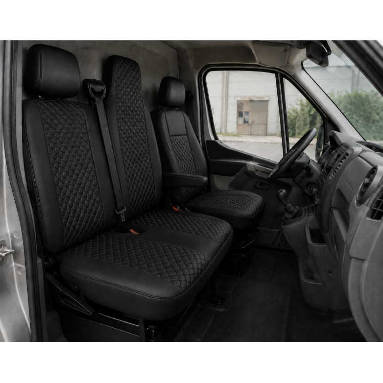 Комплект 2+1 Тапицерия за RENAULT MASTER III 2010-2019 – Еко кожа, Черна с черен шев, 6 части Комплект 2+1 Тапицерия за RENAULT MASTER III 2010-2019 – Еко кожа, Черна с черен шев, 6 части