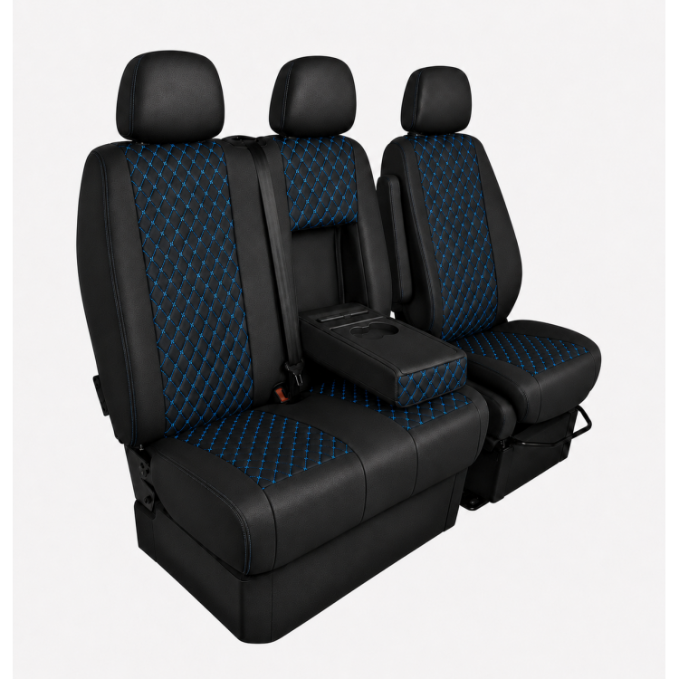Комплект 2+1 Тапицерия за MERCEDES SPRINTER W906 2006-2018 – Еко кожа, Черна със син шев, 8 части Комплект 2+1 Тапицерия за MERCEDES SPRINTER W906 2006-2018 – Еко кожа, Черна със син шев, 8 части