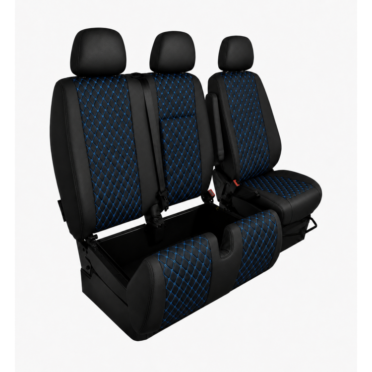 Комплект 2+1 Тапицерия за MERCEDES SPRINTER W906 2006-2018 – Еко кожа, Черна със син шев, 8 части Комплект 2+1 Тапицерия за MERCEDES SPRINTER W906 2006-2018 – Еко кожа, Черна със син шев, 8 части