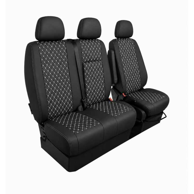 Комплект 2+1 Тапицерия за MERCEDES SPRINTER W906 2006-2018 – Еко кожа, Черна с бял шев, 8 части Комплект 2+1 Тапицерия за MERCEDES SPRINTER W906 2006-2018 – Еко кожа, Черна с бял шев, 8 части
