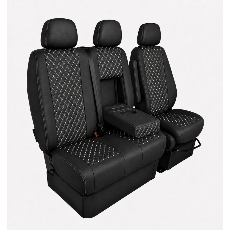 Комплект 2+1 Тапицерия за MERCEDES SPRINTER W906 2006-2018 – Еко кожа, Черна с бял шев, 8 части Комплект 2+1 Тапицерия за MERCEDES SPRINTER W906 2006-2018 – Еко кожа, Черна с бял шев, 8 части