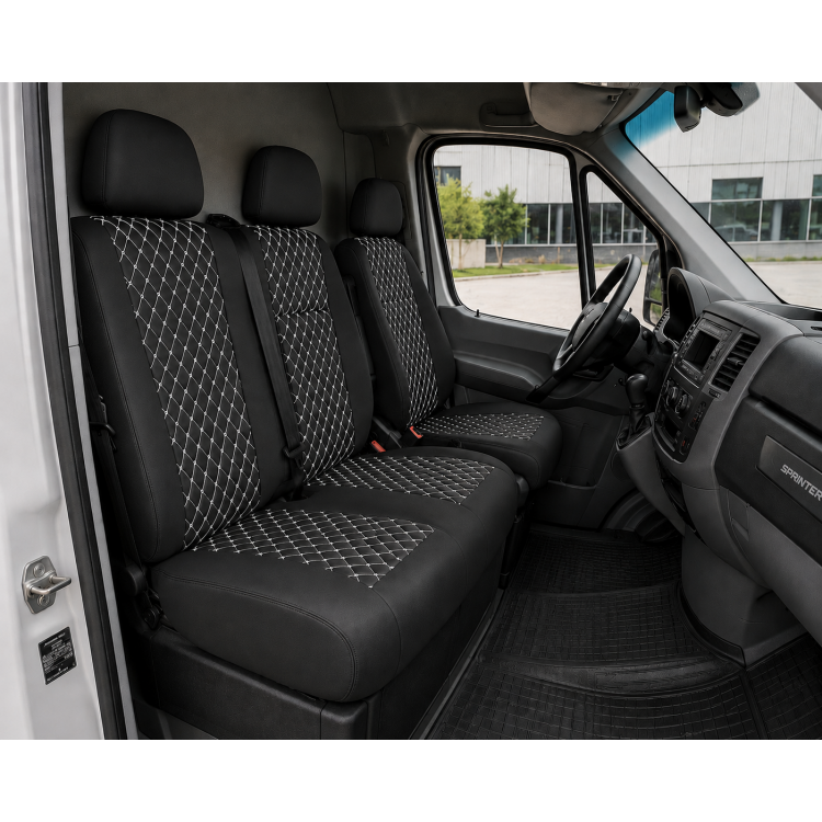 Комплект 2+1 Тапицерия за MERCEDES SPRINTER W906 2006-2018 – Еко кожа, Черна с бял шев, 8 части Комплект 2+1 Тапицерия за MERCEDES SPRINTER W906 2006-2018 – Еко кожа, Черна с бял шев, 8 части