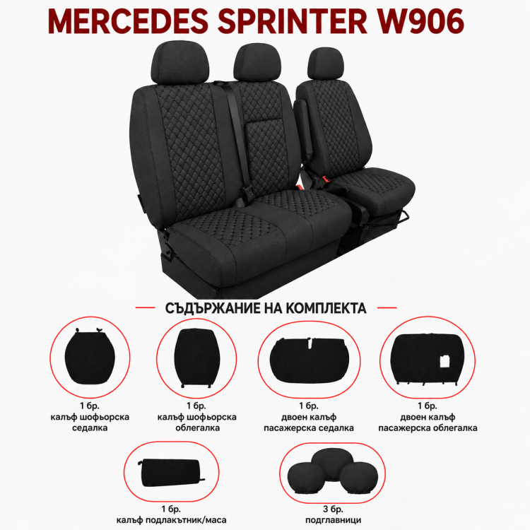 2+1 Текстилна тапицерия за предни седалки за Mercedes Sprinter W906 2006-2018, Черна с черен шев, 8 части 2+1 Текстилна тапицерия за предни седалки за Mercedes Sprinter W906 2006-2018, Черна с черен шев, 8 части