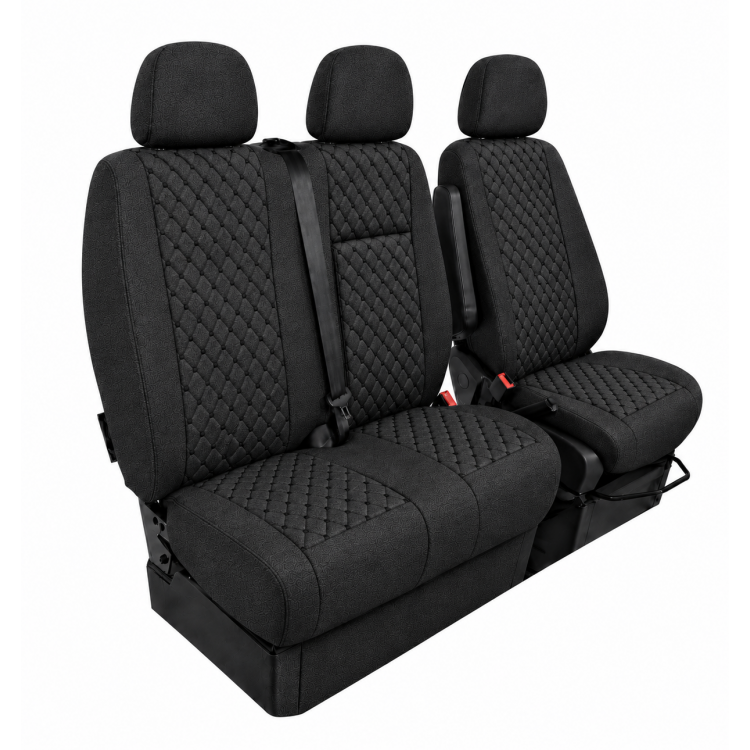 2+1 Текстилна тапицерия за предни седалки за Mercedes Sprinter W906 2006-2018, Черна с черен шев, 8 части 2+1 Текстилна тапицерия за предни седалки за Mercedes Sprinter W906 2006-2018, Черна с черен шев, 8 части
