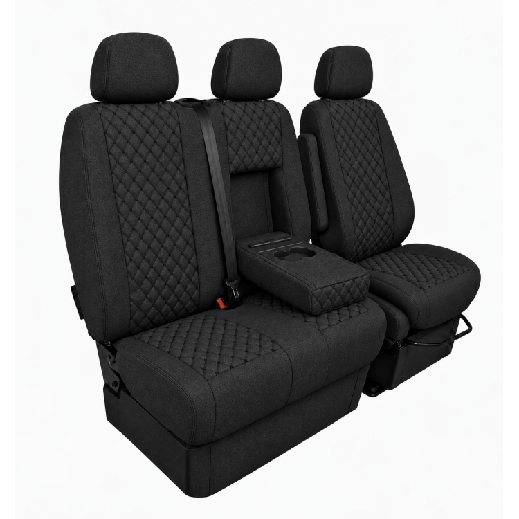 2+1 Текстилна тапицерия за предни седалки за Mercedes Sprinter W906 2006-2018, Черна с черен шев, 8 части 2+1 Текстилна тапицерия за предни седалки за Mercedes Sprinter W906 2006-2018, Черна с черен шев, 8 части