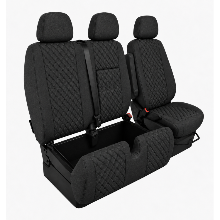 2+1 Текстилна тапицерия за предни седалки за Mercedes Sprinter W906 2006-2018, Черна с черен шев, 8 части 2+1 Текстилна тапицерия за предни седалки за Mercedes Sprinter W906 2006-2018, Черна с черен шев, 8 части