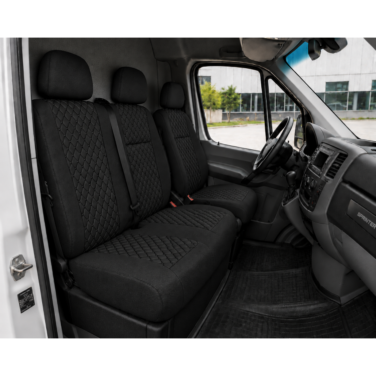 2+1 Текстилна тапицерия за предни седалки за Mercedes Sprinter W906 2006-2018, Черна с черен шев, 8 части 2+1 Текстилна тапицерия за предни седалки за Mercedes Sprinter W906 2006-2018, Черна с черен шев, 8 части